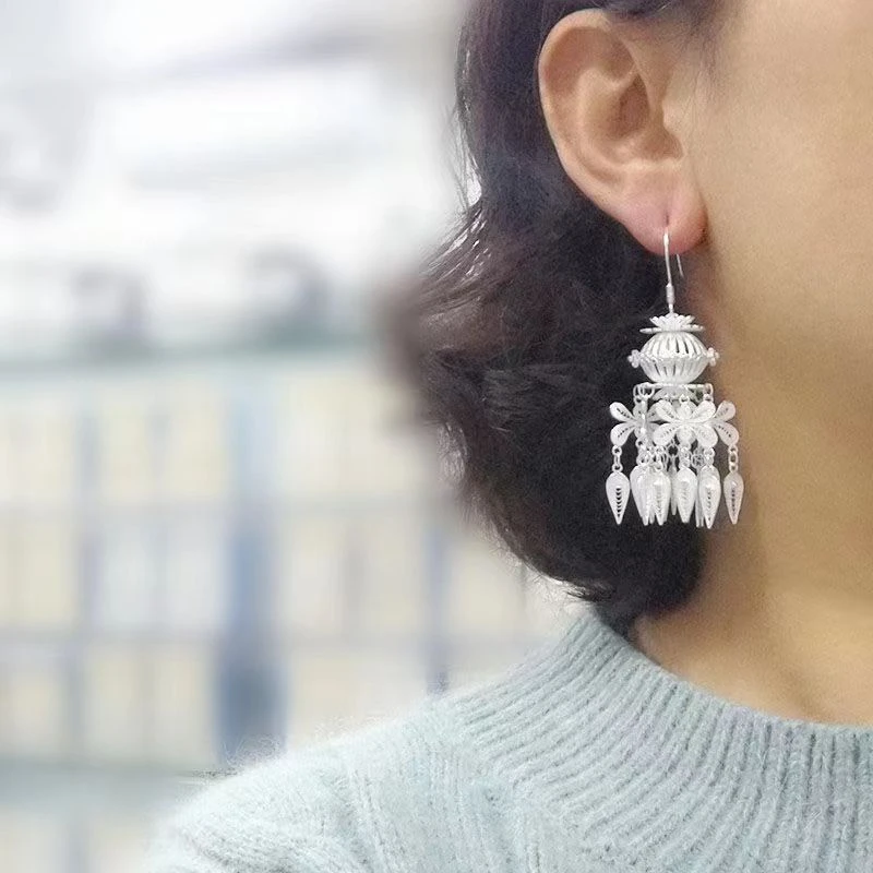 合金耳饰 苗疆民族风古风耳环苗族舞台舞蹈配带灯笼重工精美耳饰