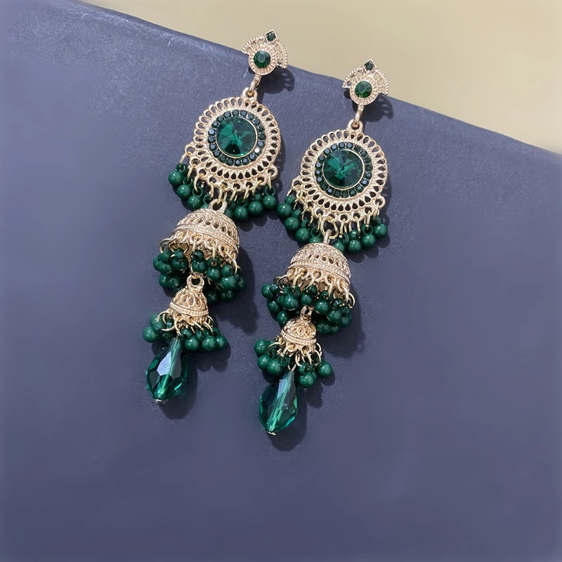 苗疆西域耳环仿大宝石轻奢长款耳环铃铛水滴夸张演出长款耳环402