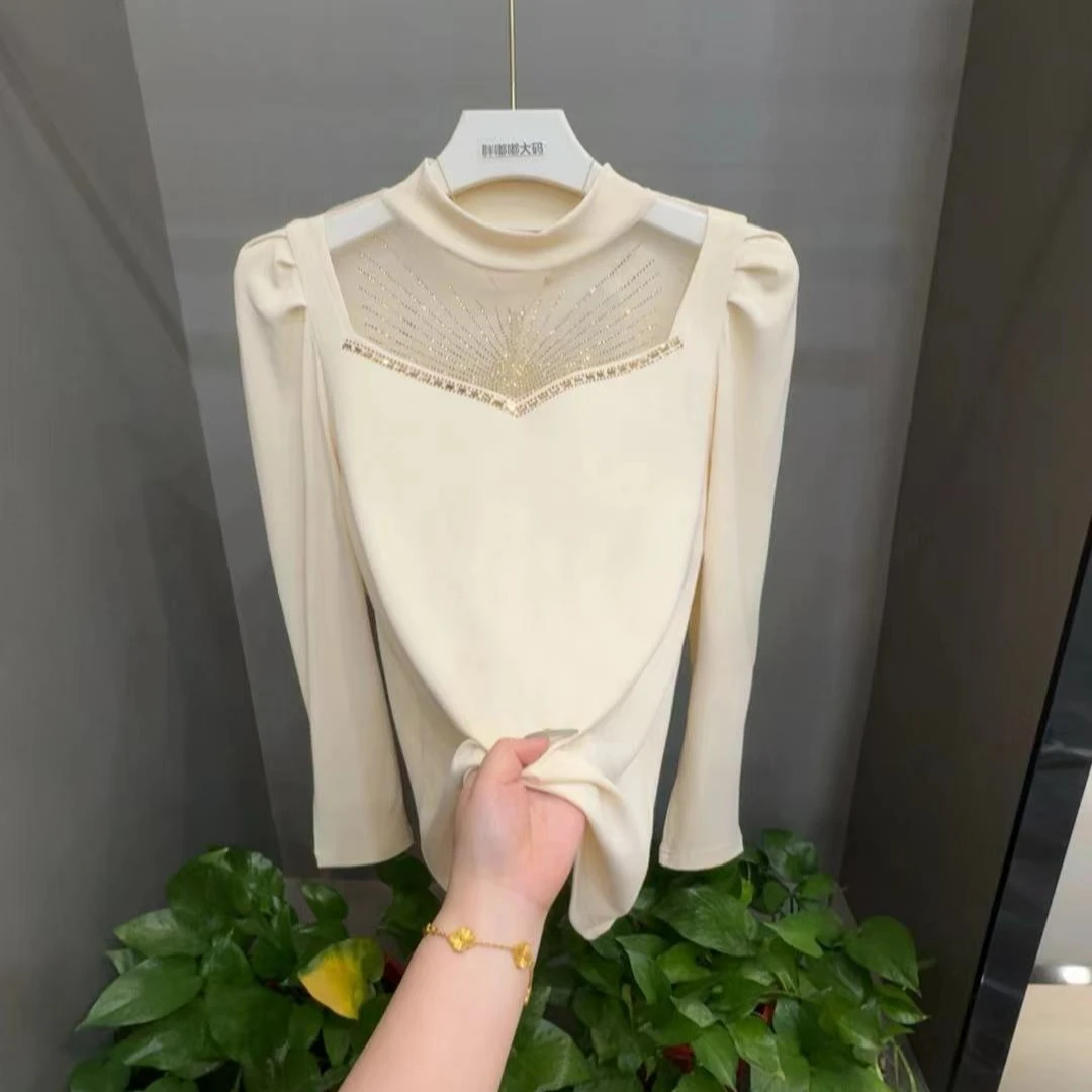 2024早秋新款宽松简约风显瘦百搭蕾丝粘钻半高领707