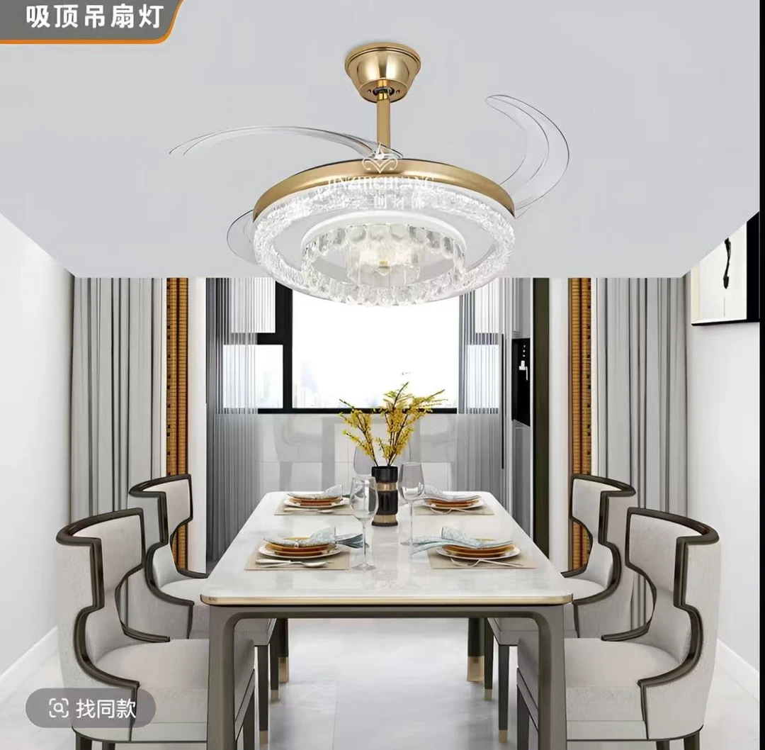 新款7072水晶现代简约隐形大气可调节智能语音风扇卧室餐厅灯