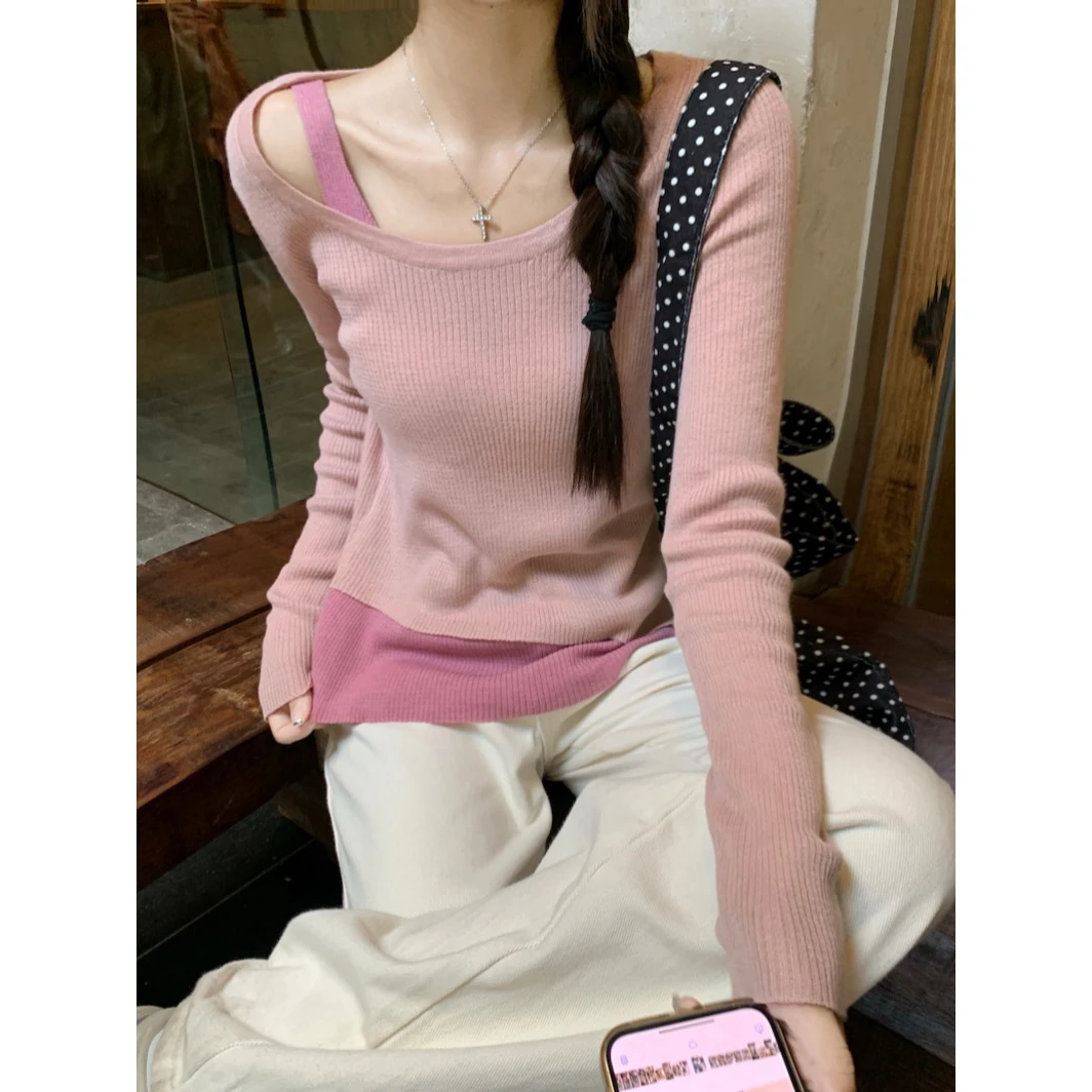 假两件圆领长袖针织衫女温柔设计感小众撞色修身不规则上衣毛衣