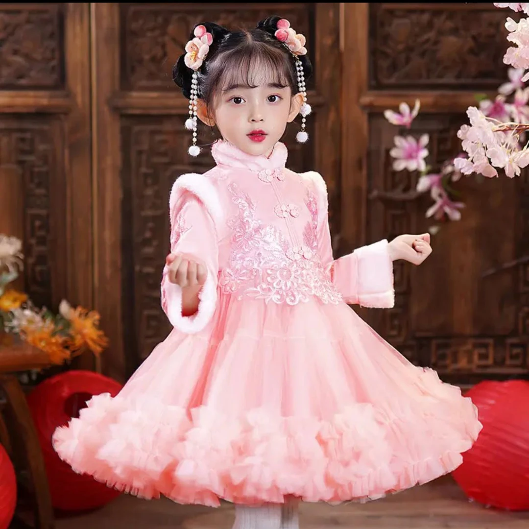 女童秋冬装汉服新款拜年服宝宝新年旗袍加绒公主裙小童洋气蓬蓬裙