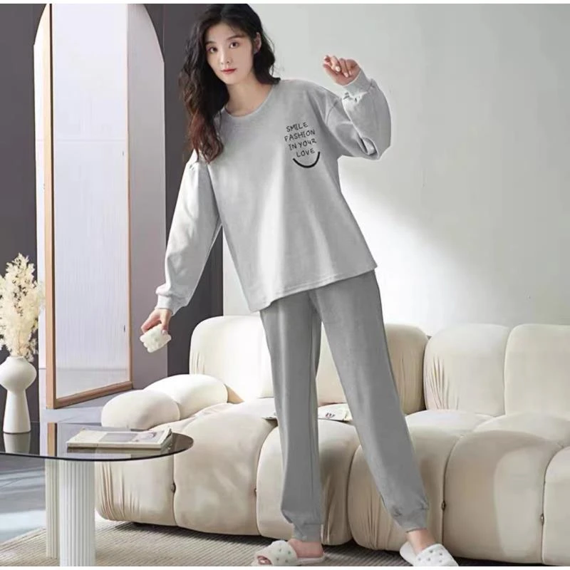 带胸垫版秋冬纯棉长袖休闲套头家居服休闲可外穿套装（字母笑脸）