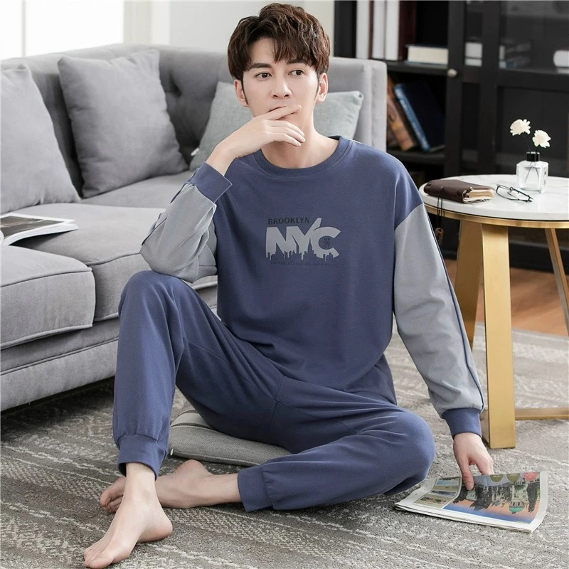品牌睡衣男款双面纯棉加厚长袖长裤青年加大码家居服套装（NYC）