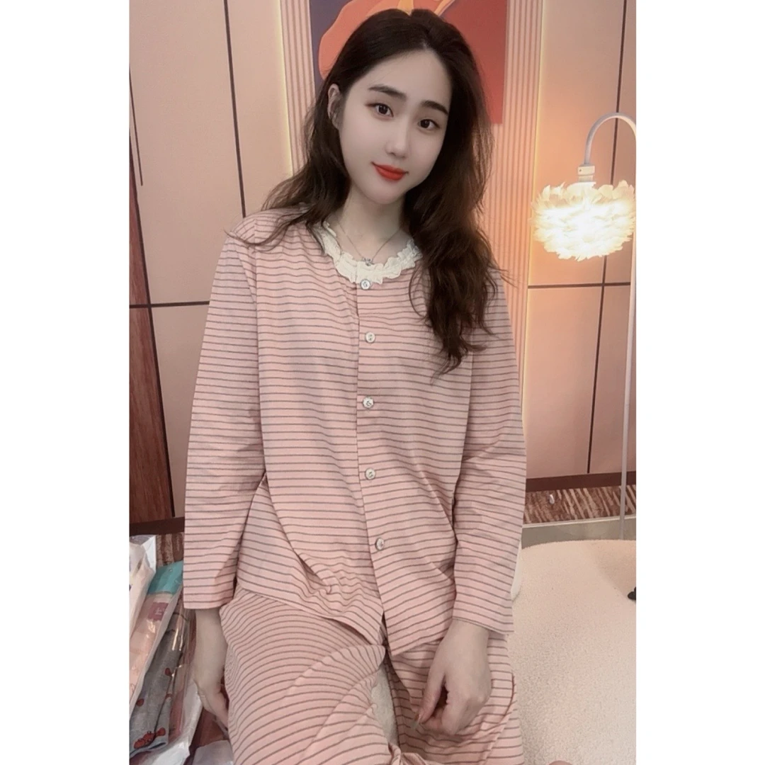 睡衣女秋冬季新款德绒长袖时尚韩版宽松休闲家居服套装（幸运条纹）