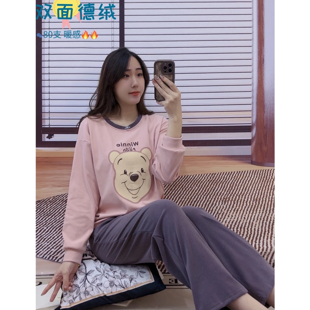 德绒磨毛保暖睡衣女冬季长袖韩版卡通休闲家居服套装（维尼小熊）