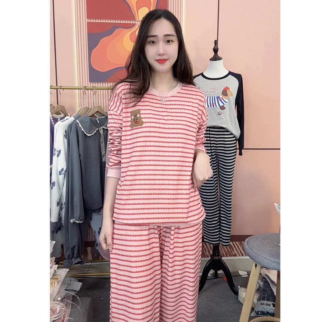 睡衣女冬季新款德绒长袖长裤甜美卡通可爱家居服套装（条纹草莓熊）