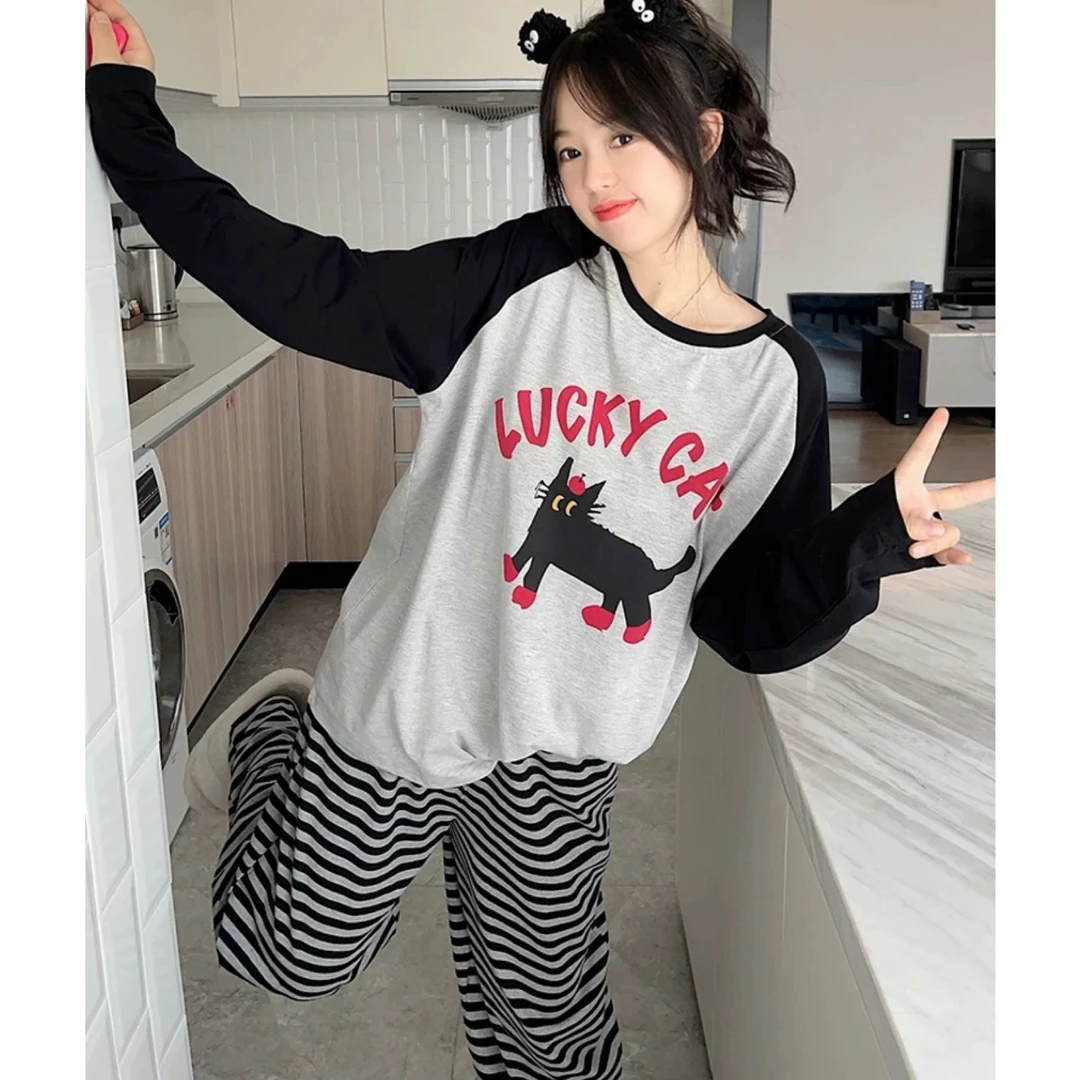 睡衣女秋冬新款长袖长裤纯棉韩版时尚简约可外穿家居服（红鞋猫）