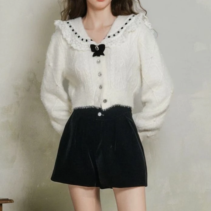 2024秋冬洋气减龄蕾丝钉珠娃娃领菱格毛针织衫开衫上衣GFC1050779