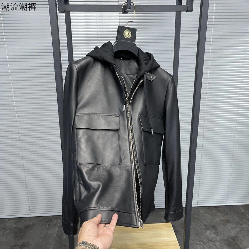 镇店级+柜3W级!高端商务休闲可脱卸连帽仿真皮皮衣短款夹克外套男