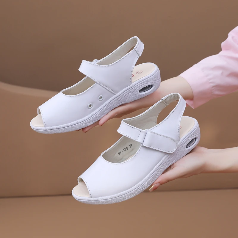 吧佰布夏季新真皮护士鞋女白色头层牛皮医院工作凉鞋透气防滑软底