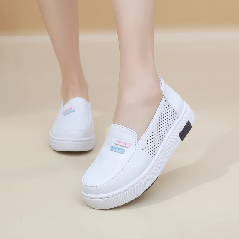 吧佰布真皮护士鞋女白软底透气不累脚舒适防臭防滑平底厚底医护鞋