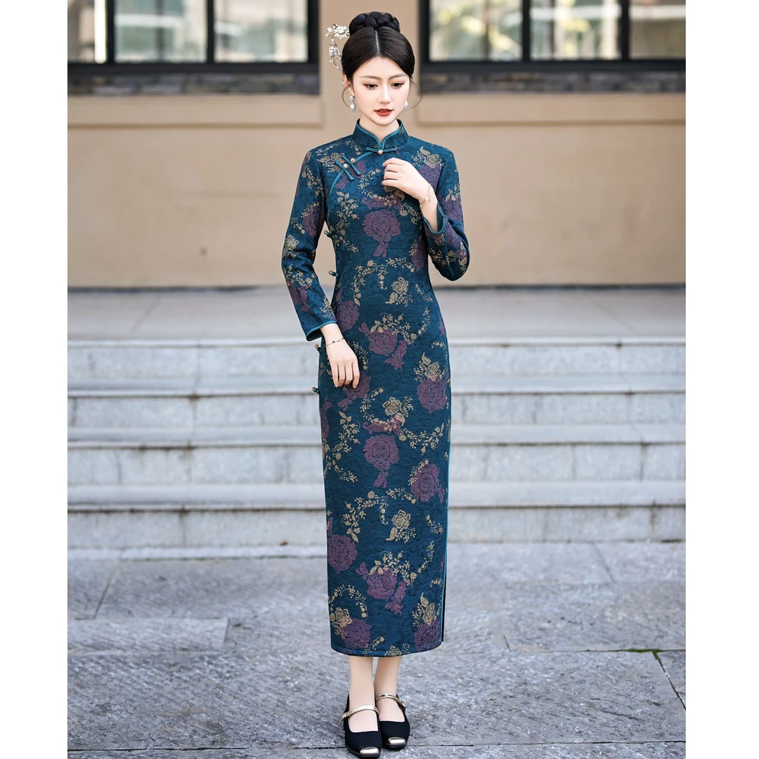 秋冬春秋旗袍日常中国风长袖旗袍裙气质修身显瘦加绒高腰裙提花