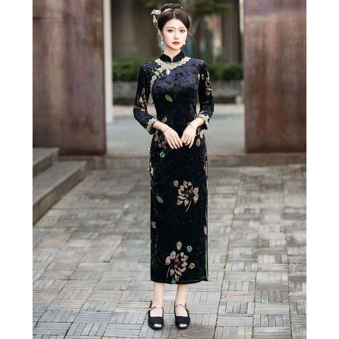 拼接斜襟日常立领旗袍中国风显瘦优雅春秋季丝绒中长款美人美女