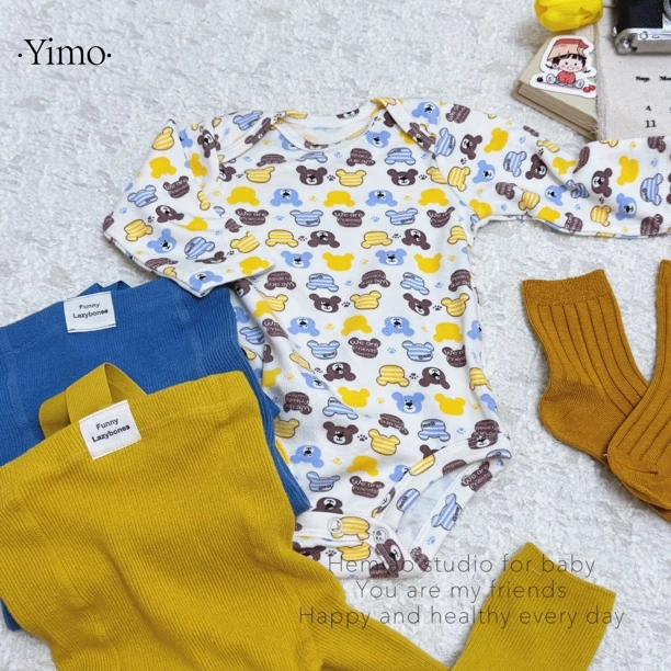 Yimo·熊熊不凶·宝宝外贸秋季新款精梳棉印花连身长袖包屁衣