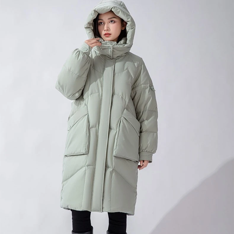 L7662白鸭绒 90中长款羽绒服女 2023新款连帽羽绒加厚保暖冬季