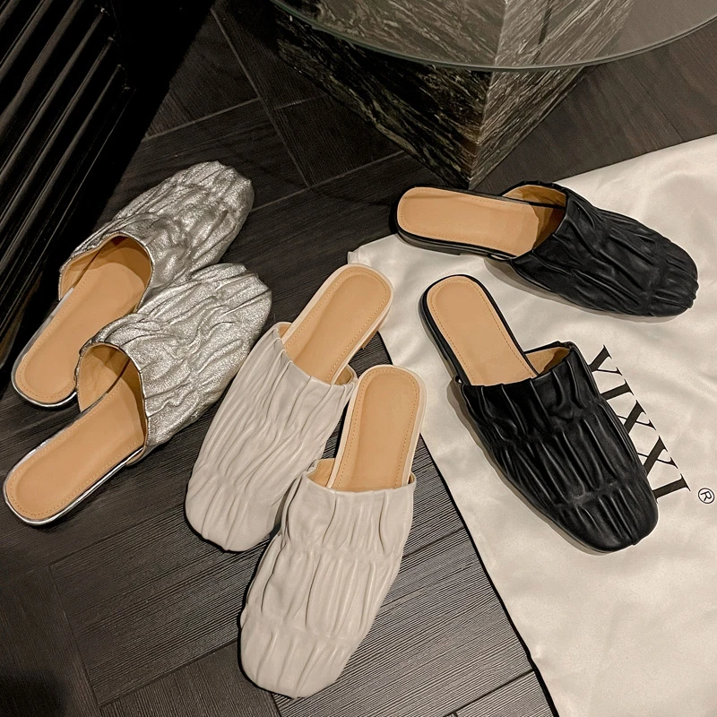 羊皮平底包头凉拖鞋夏季时尚外穿休闲一字拖软底半托穆勒鞋女