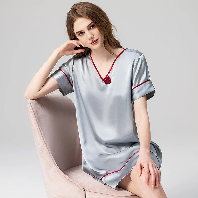 丝界【国风爆款】夏天100桑蚕丝真丝睡衣女士盘扣V领宽松中式睡裙