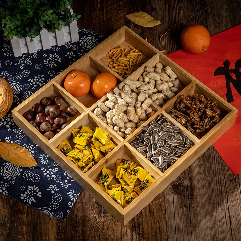 围炉煮茶零食盘家用竹木质拼盘茶点盘食材火锅九宫格蔬菜托盘带盖