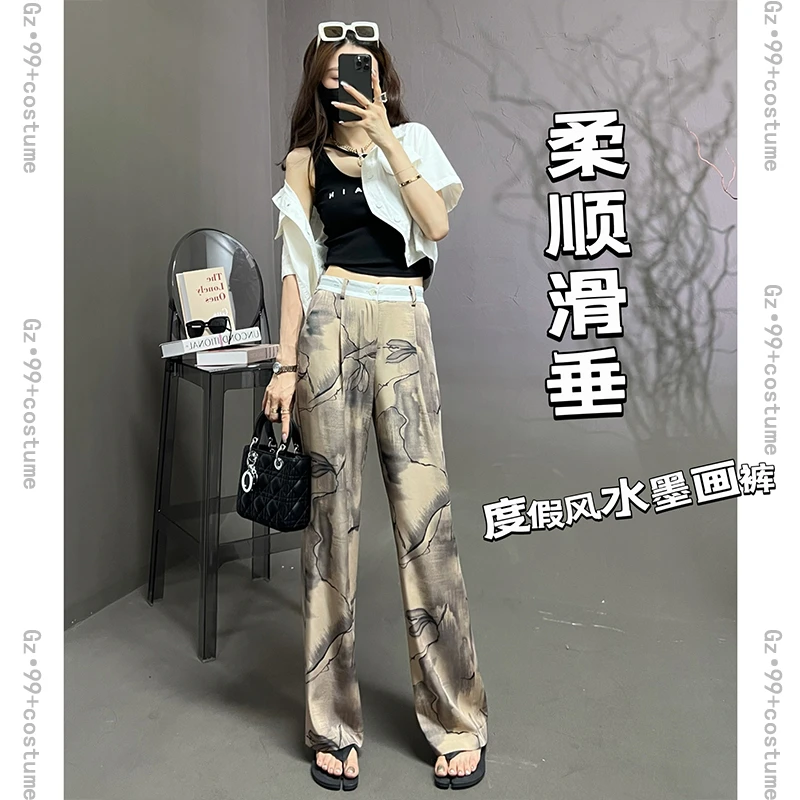 〖小九推荐〗灵感光艺 2023夏季新款度假风水墨画阔腿裤-K6658