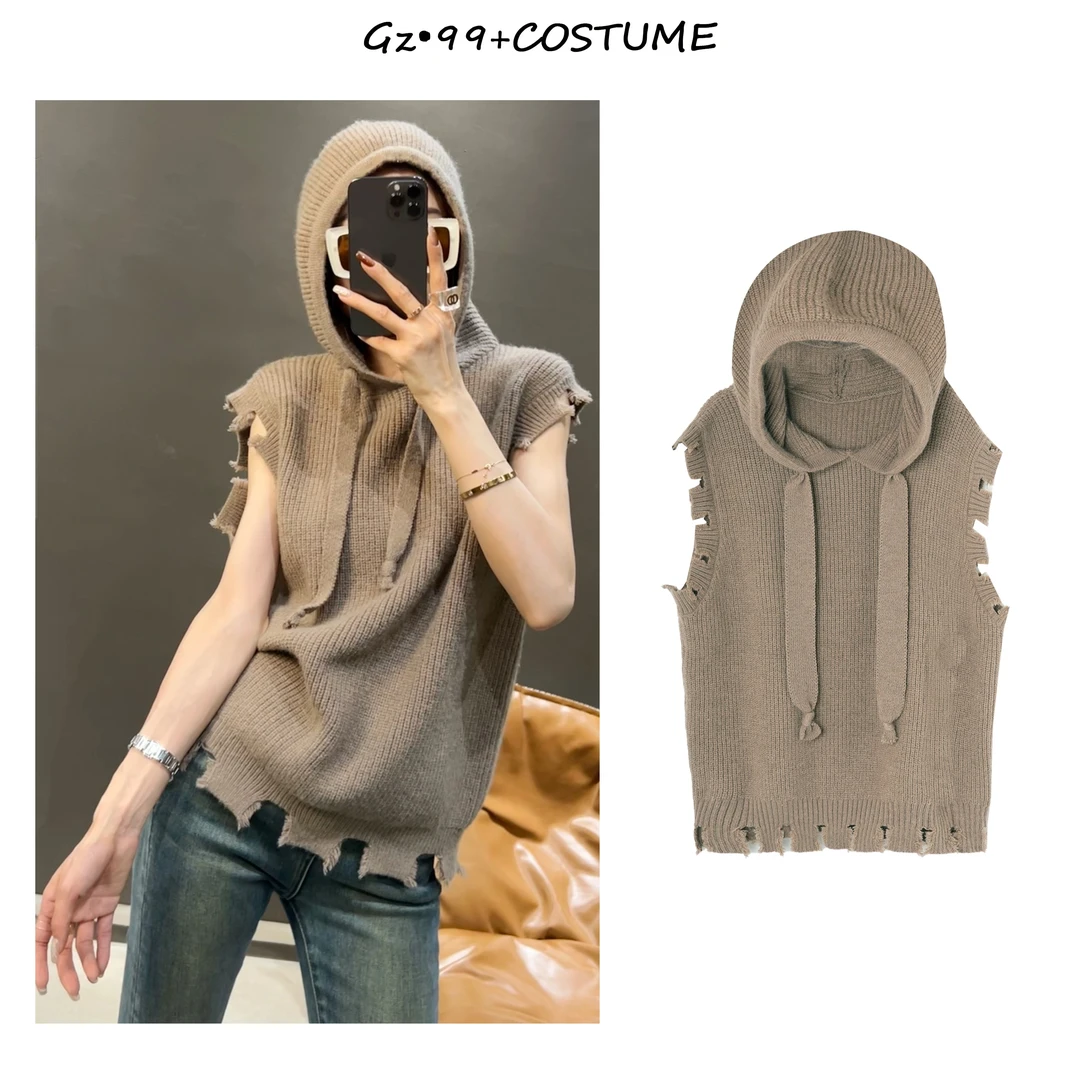 小九推荐姿意出色2024秋季新款时尚百搭破烂连帽马甲T5724