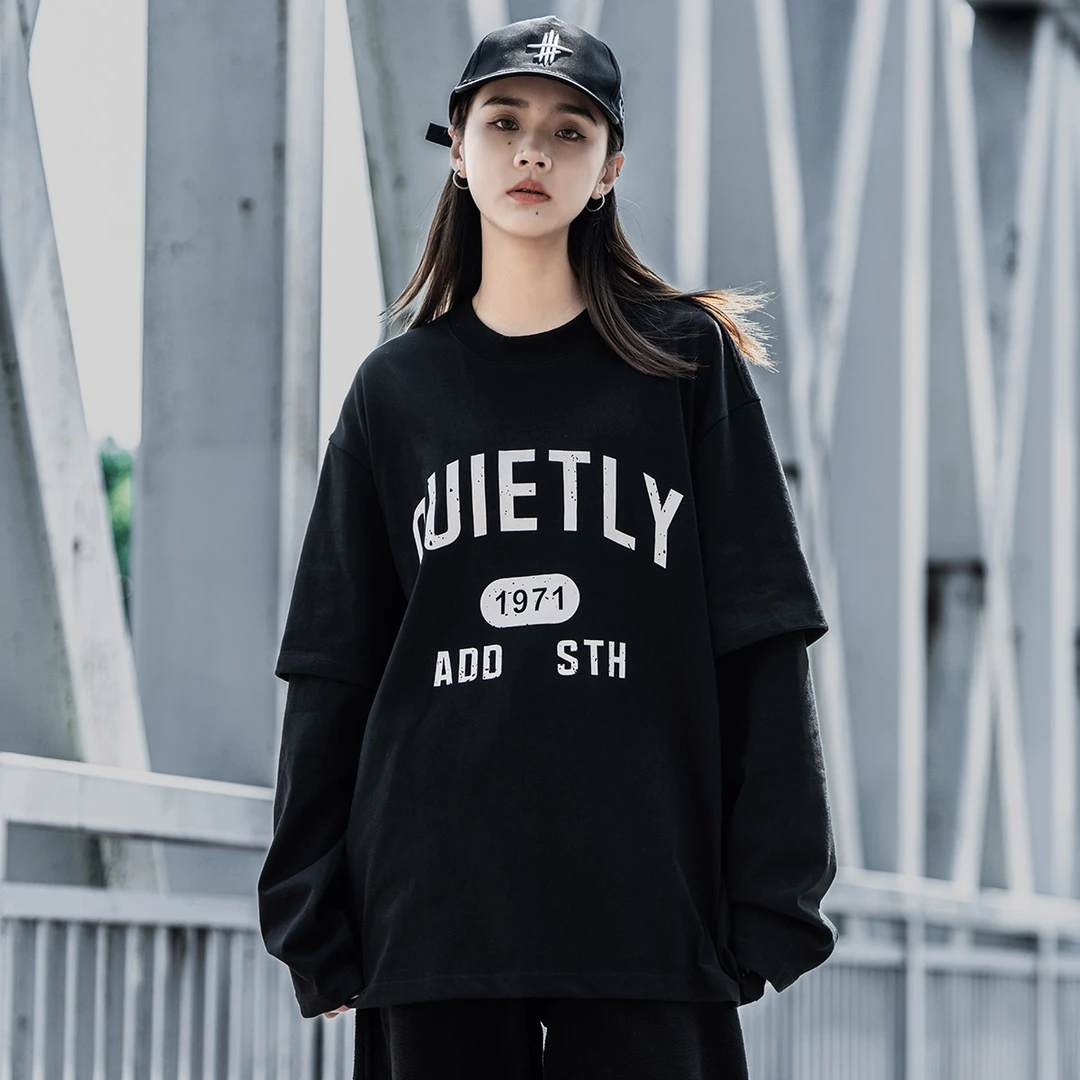 AOGZ国潮牌假两件卫衣男女生春秋季新款字母印花上衣情侣装长袖