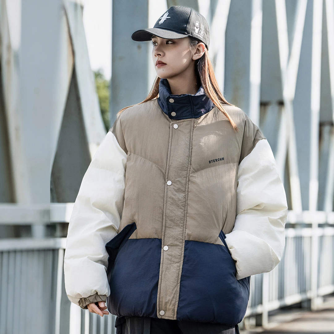 AOGZ国潮复古撞色拼接立领面包棉衣外套冬季宽松休闲情侣保暖棉服