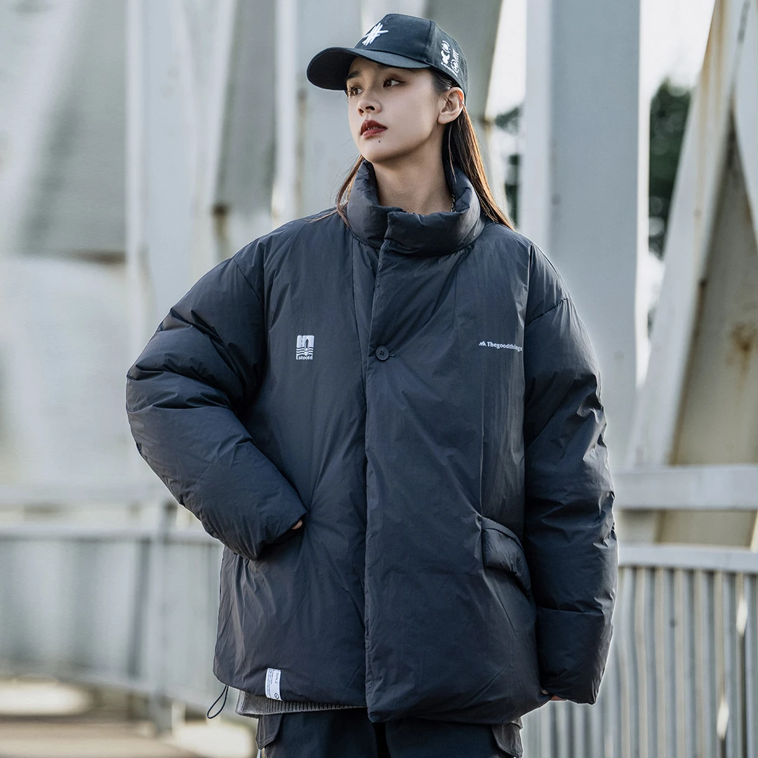 AOGZ国潮不规则门襟立领羽绒服男女冬季宽松加厚保暖情侣外套