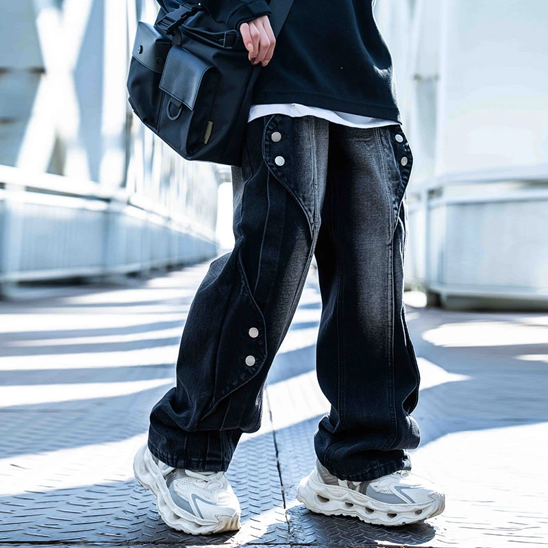 AOGZ国潮牌拼接水洗做旧牛仔裤男女2025新款秋冬复古百搭直筒裤子