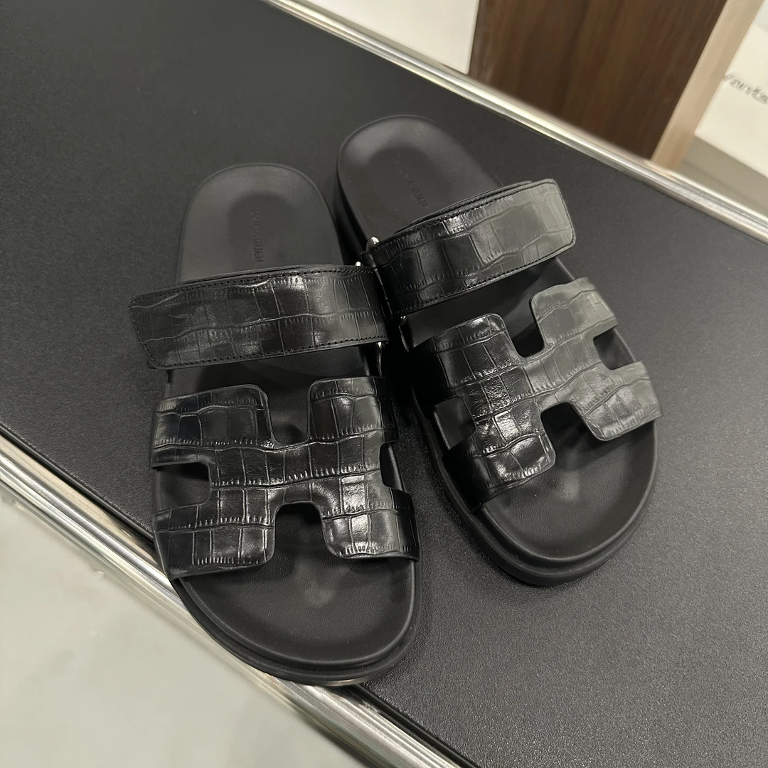 YOENMOM·二舅拖2024春夏新品 牛皮全黑掌纹魔术贴舒适百搭H拖鞋