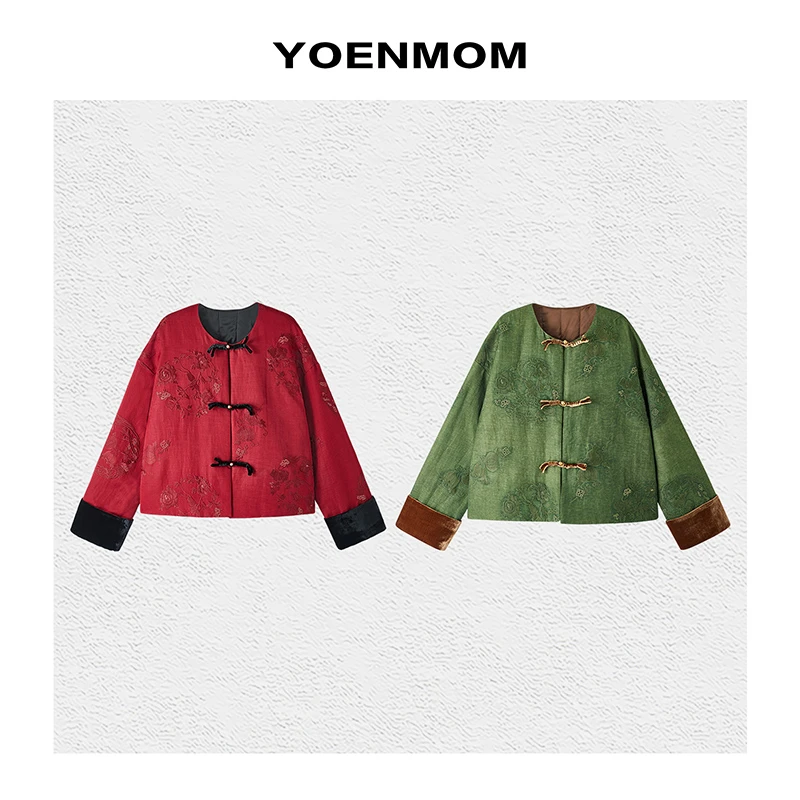 YOENMOM·红飞翠舞2024秋冬新品 桑蚕丝亚麻刺绣拼丝绒袖中式棉服