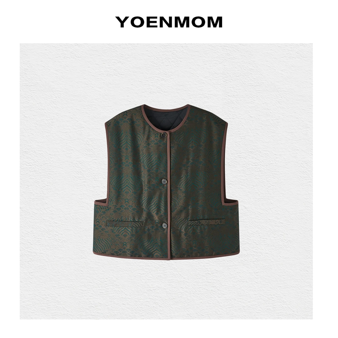 YOENMOM·江崖海水·100桑蚕丝老料宋锦涂泥工艺高级墨绿老钱马甲