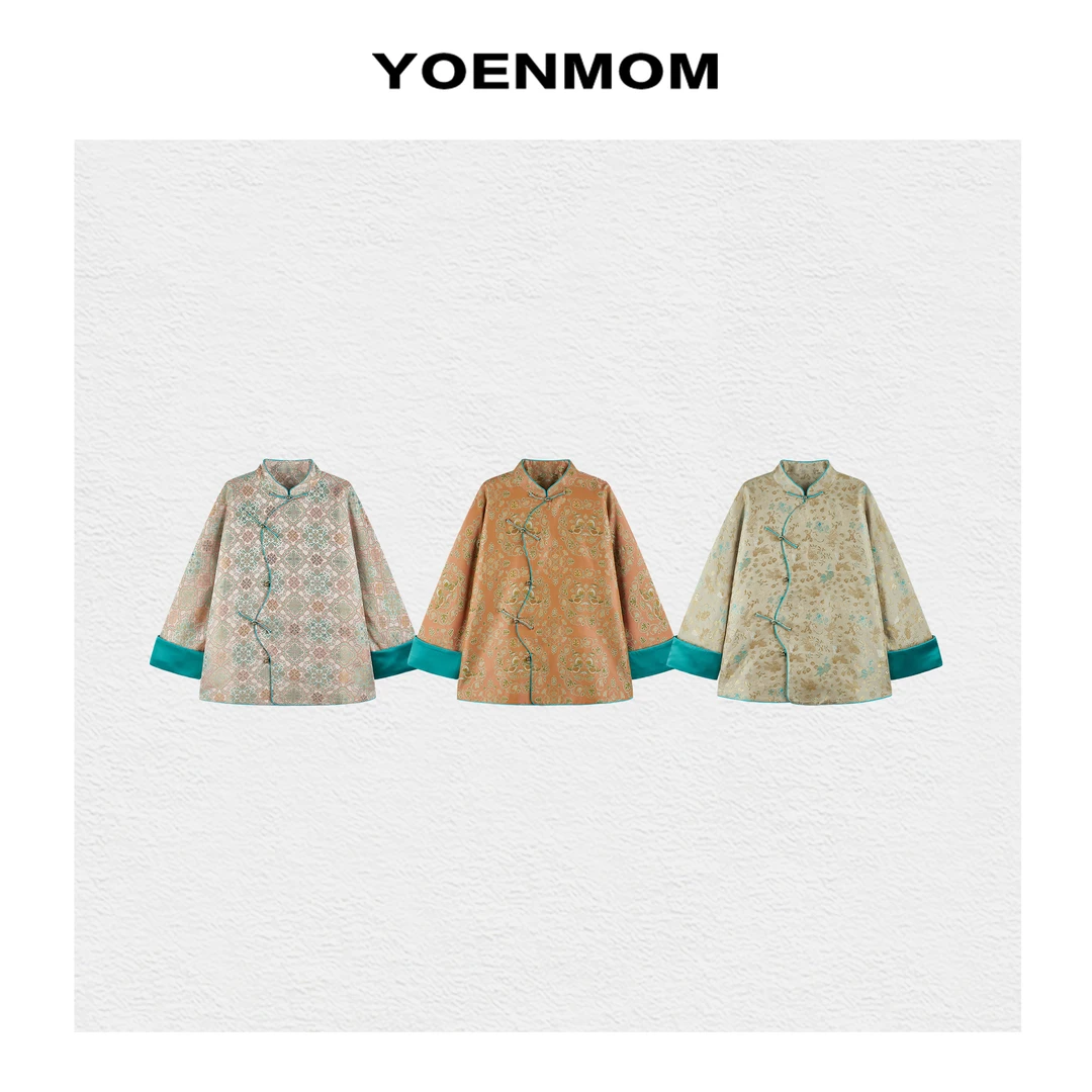 YOENMOM·鸳鸯金鱼团花·100桑蚕丝宋锦花瓣斜襟上衣