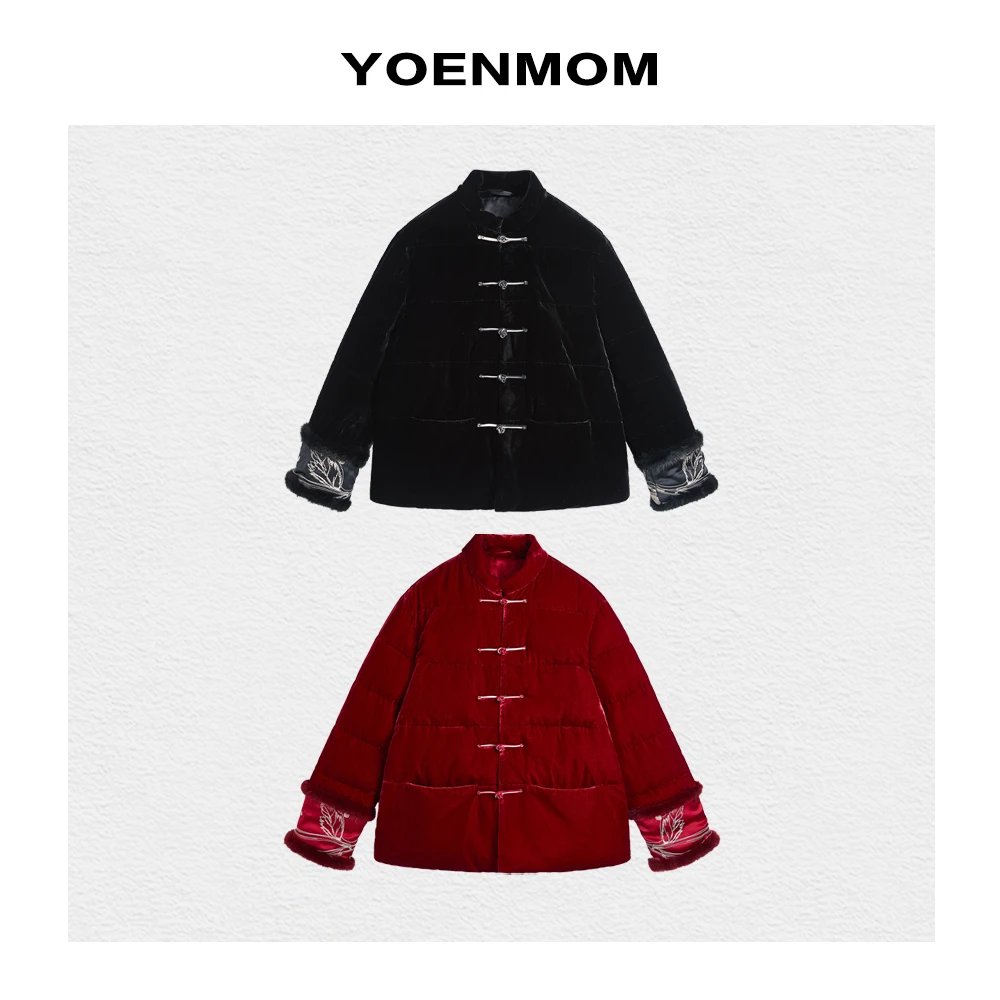 YOENMOM·复古绮丽2023冬季新品 100真丝丝绒刺绣貂毛新中式鹅绒服