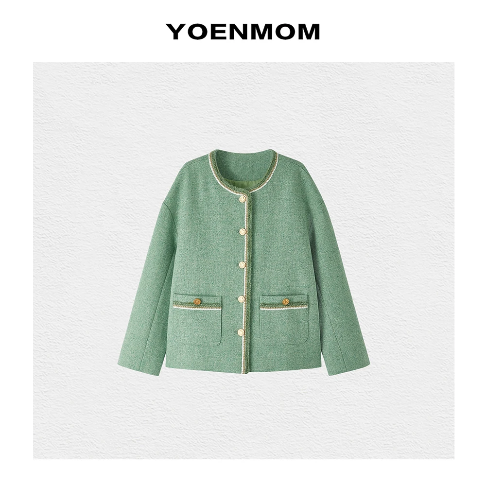 YOENMOM·青柠绿· 进口100羊毛小清新撞色边气质香风外套