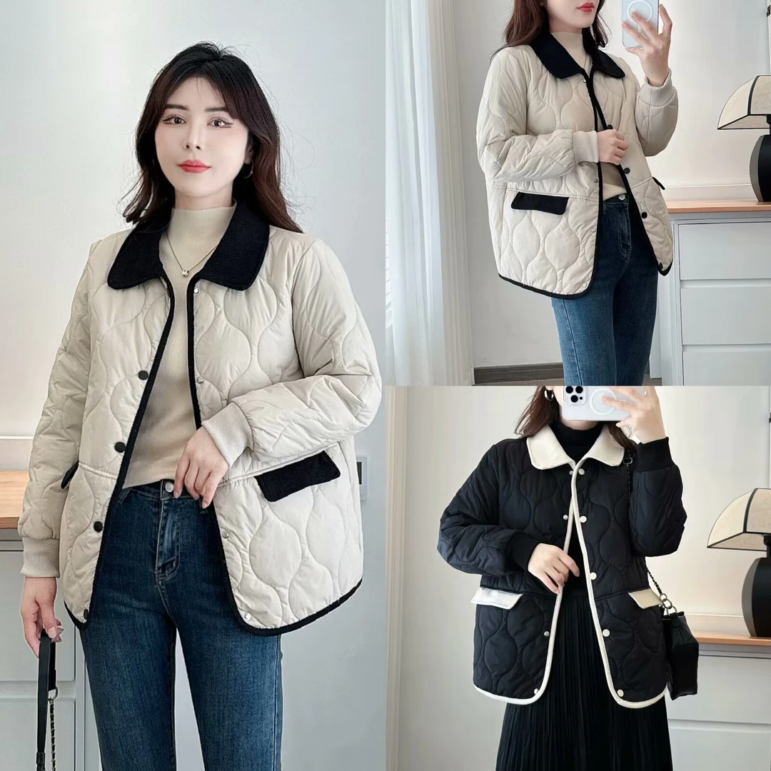 奢怡雅欣宇大码洋气显瘦撞色休闲轻薄翻领小棉衣女外套#依8213