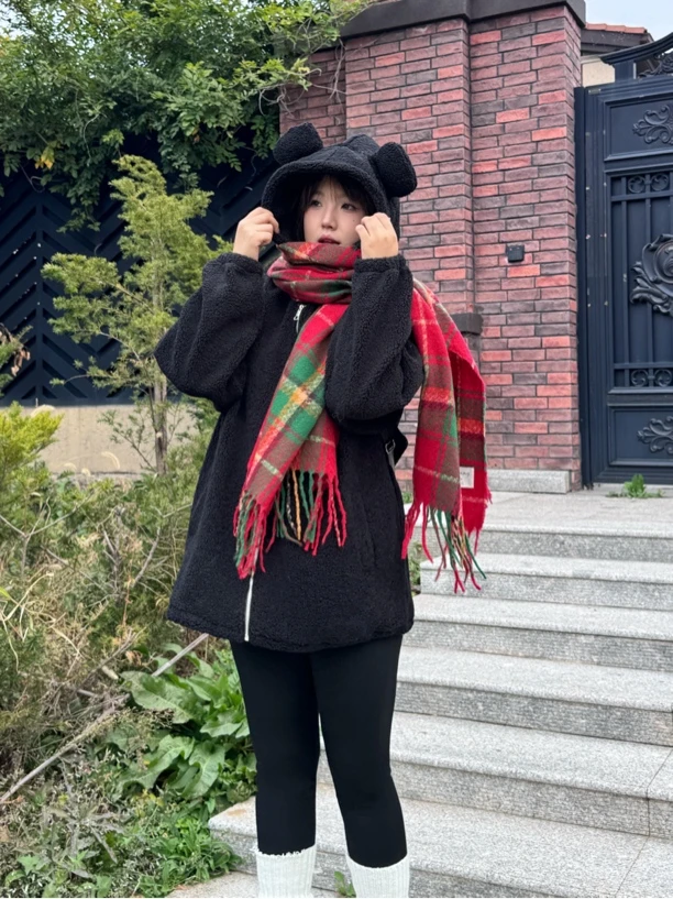 小熊耳朵连帽加厚外套毛毛绒时尚可爱减龄