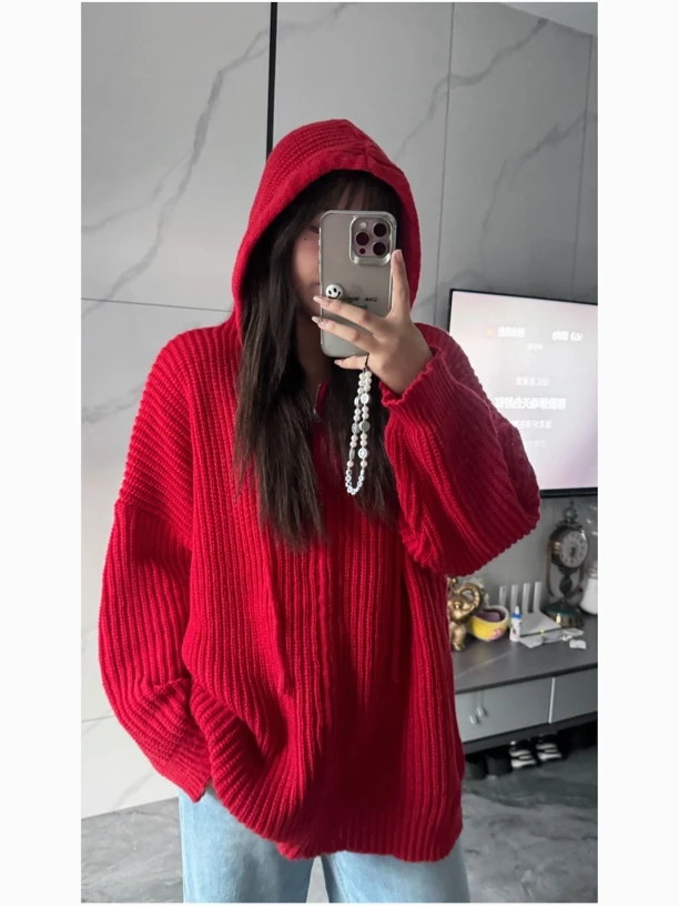 秋冬新款连帽毛衣开衫韩系宽松慵懒风拉链粗线针织上衣百搭韩版