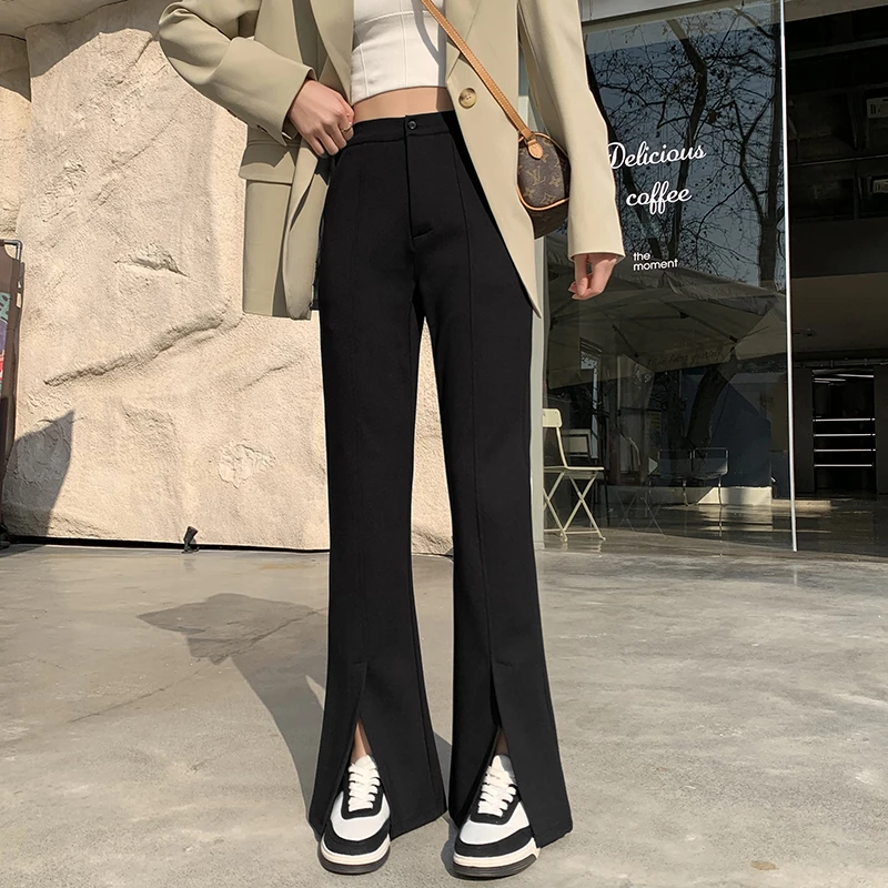 9993-XM 大码女装开叉裤子女高腰微喇叭裤女显瘦休闲阔腿拖地裤
