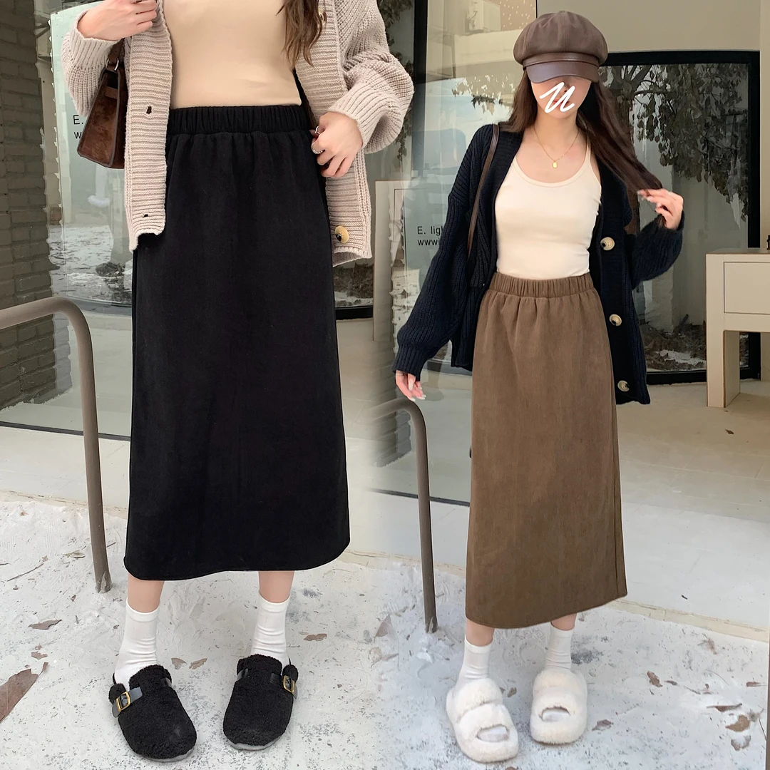 秋冬加绒梨形身材高腰遮肉显瘦休闲中长款全松紧腰直筒裙7618#