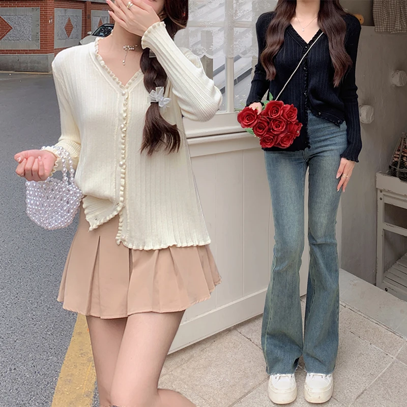 C01#GY春季新款韩版上衣女大码巨显瘦v领独特t恤木耳边针织衫开衫