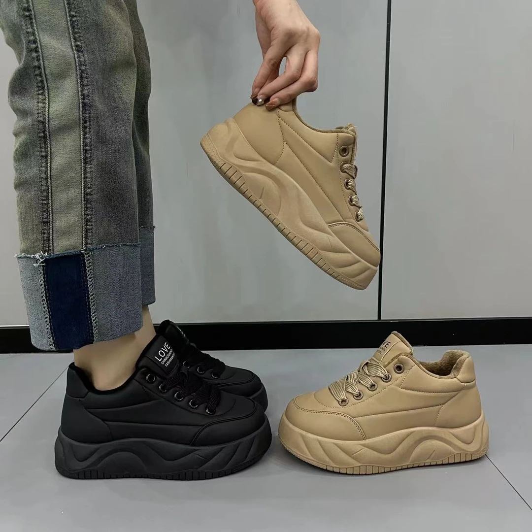 明星同款厚底面包鞋2023秋冬季加绒韩版百搭真皮软底休闲运动鞋