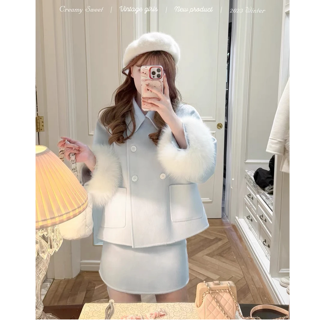 百搭气质设计感毛呢外套半裙女秋冬时尚套装