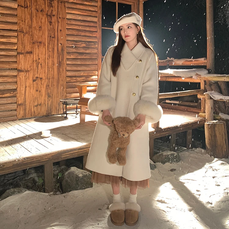 XYMM/双面羊毛狐狸毛大衣气质双面呢大衣长款新中式拜年服有多绝