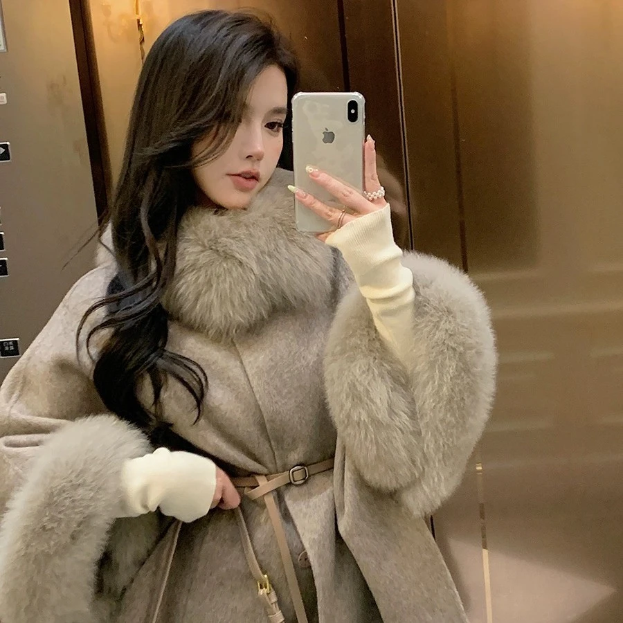 秋冬新款（千金斗篷）高级感斗篷狐狸毛领百搭双面高端大毛领大衣