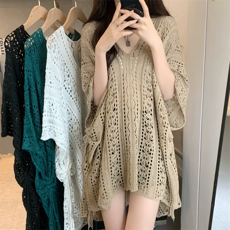 镂空V领蝙蝠袖针织罩衫女夏季大码胖mm复古气质宽松显瘦百搭上衣