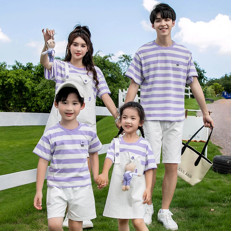 男女童背带裤亲子装套装卡通短袖中大童t恤一家三四口母子母女装