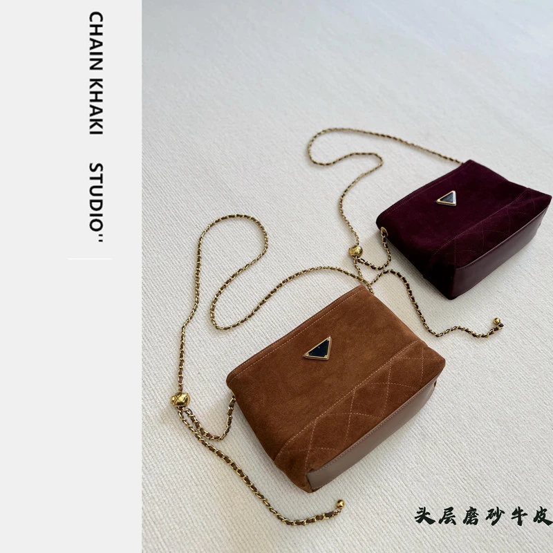 麂皮包棕色包包2024秋冬新款菱格纹单肩包女真皮小方包链条斜挎包