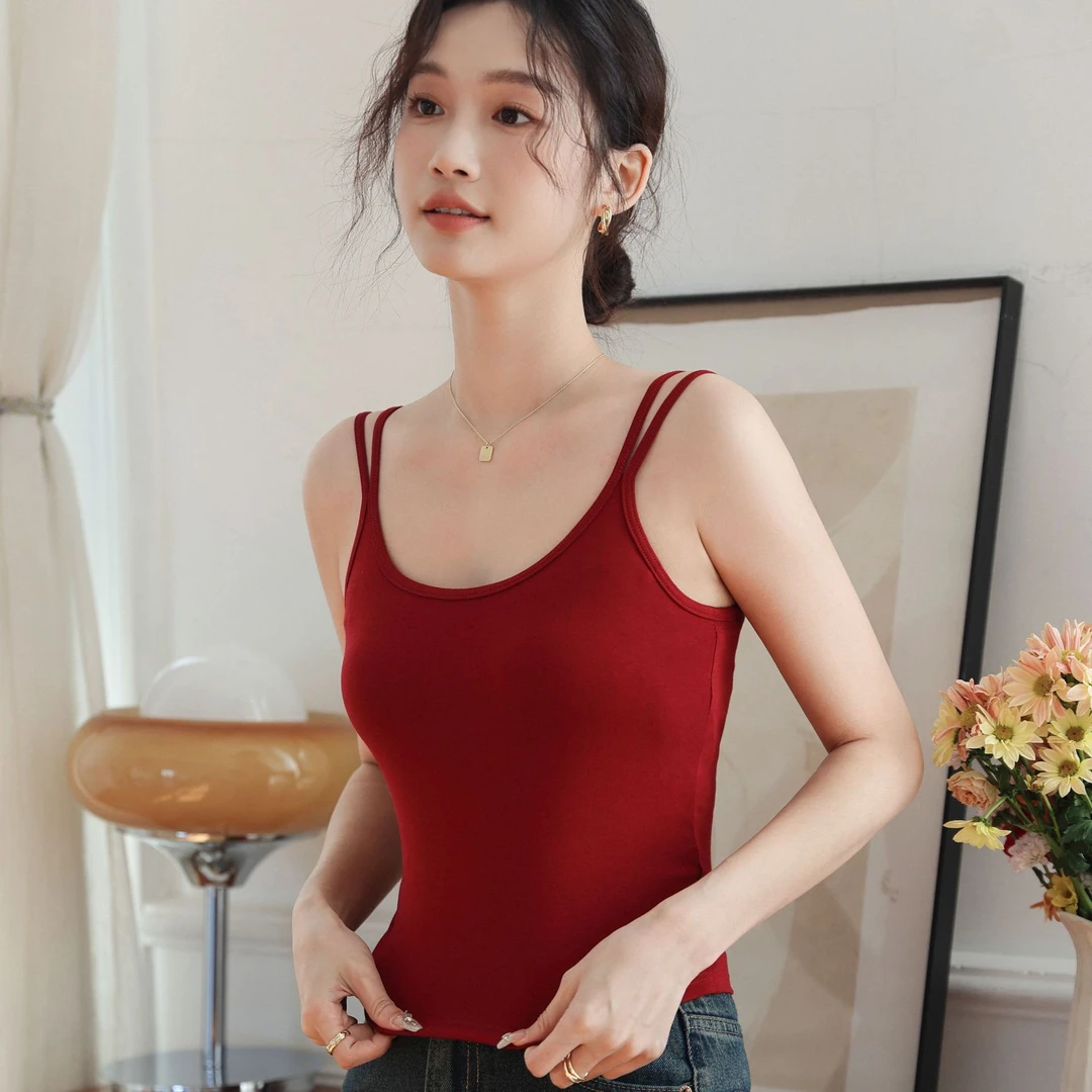 一体式带胸垫吊带背心可外穿上衣U型美背无钢圈固定杯打底内衣女