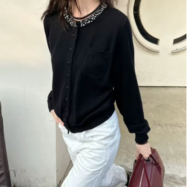 春季新款【100%羊毛】重工厚款专柜网红钉珠亲肤宽松毛衣羊毛衫